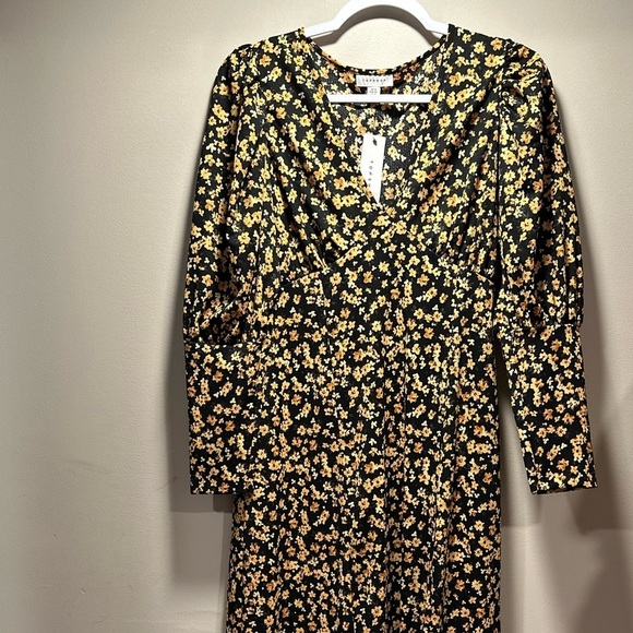 TOPSHOP V-Neck Floral Textured Midi Dress Long Sleeve Sun Dress Slits Puff NWT - Picture 7 of 13